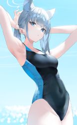 Rule 34 | 1girl, adjusting hair, animal ears, armpits, arms up, blue archive, blue background, blue eyes, blue hair, blurry, blurry background, breasts, cat ears, competition swimsuit, cowboy shot, extra ears, highres, ichibi, looking at viewer, medium hair, mismatched pupils, navel, one-piece swimsuit, shiroko (blue archive), shiroko (swimsuit) (blue archive), skin tight, skindentation, small breasts, solo, swimsuit, thighs, white hair