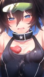Rule 34 | 1girl, bare shoulders, black hair, black rock shooter, black rock shooter (character), black rock shooter (game), black one-piece swimsuit, blue eyes, blush, breasts, bright pupils, collarbone, cum, cum in clothes, cum on body, cum on breasts, cum on clothes, cum on upper body, eyewear on head, group sex, hair between eyes, highres, m-da s-tarou, multiple penises, one-piece swimsuit, penis, penis under another&#039;s clothes, small breasts, smile, solo focus, sunglasses on head, sweat, swimsuit, twintails, upper body, visor, white pupils