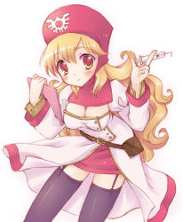 Rule 34 | 1girl, blonde hair, breasts, cleavage, commentary request, curly hair, dragon quest, dragon quest ii, dress, emblem, garter straps, hat, hood, hood up, kichijou agata, long hair, looking at viewer, needle, nurse, princess, princess of moonbrook, skirt, solo, thighhighs, white dress