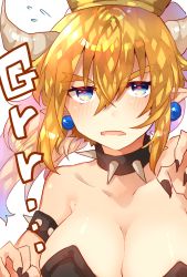 Rule 34 | 1girl, armlet, asada sadao, bad id, bad pixiv id, bare shoulders, blonde hair, blue eyes, blush, bowsette, breasts, cleavage, collar, crown, dress, earrings, highres, horns, jewelry, large breasts, looking at viewer, mario (series), new super mario bros. u deluxe, nintendo, open mouth, pointy ears, solo, spiked armlet, spiked collar, spikes, strapless, strapless dress, super crown, upper body