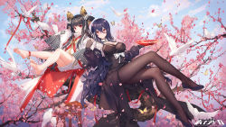 Rule 34 | 2girls, bare legs, barefoot, bird, black dress, black hair, black legwear, blue hair, blush, breasts, cherry blossoms, closed mouth, commentary request, copyright name, criin (659503), cup, day, dove, dress, feet, fingerless gloves, flower, gloves, hands in opposite sleeves, highres, iron saga, japanese clothes, large breasts, long hair, multiple girls, mutsuki (iron saga), oboro (iron saga), official art, outdoors, pantyhose, plum blossoms, red eyes, sakazuki, sitting, smile, soles, straight hair, toes, tree, wavy hair, white bird, wide sleeves
