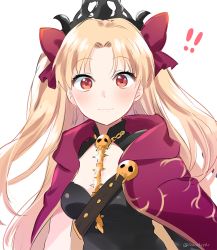 Rule 34 | !, !!, 1girl, black dress, blonde hair, blush, bow, breasts, cape, closed mouth, crown, dress, ereshkigal (fate), fate/grand order, fate (series), hair bow, ica, jewelry, long hair, looking at viewer, medium breasts, necklace, purple cape, red eyes, simple background, solo, spine, surprised, tohsaka rin, twitter username, upper body, white background, wide-eyed