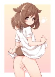 Rule 34 | +++ (artist), 1boy, animal ears, ass, blush, brown eyes, brown hair, censored, dog boy, dog ears, dog tail, dress, highres, male focus, no panties, original, penis, small penis, smile, solo, tail, testicles, trap