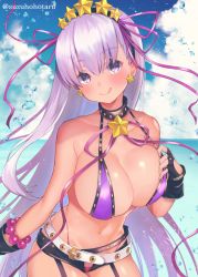 Rule 34 | 1girl, bare shoulders, bb (fate), bb (fate) (all), bb (swimsuit mooncancer) (fate), bb (swimsuit mooncancer) (second ascension) (fate), bead bracelet, beads, belt, bikini, black garter belt, black gloves, black shorts, blue sky, blush, bracelet, breasts, cleavage, closed mouth, collarbone, dark-skinned female, dark skin, day, earrings, fate/grand order, fate (series), fingerless gloves, garter belt, gloves, gyaru, hair ornament, hair ribbon, hairband, hand on own chest, jewelry, large breasts, licking lips, long hair, looking at viewer, loose belt, micro shorts, navel, neck ribbon, ocean, purple bikini, purple eyes, purple hair, purple ribbon, ribbon, shorts, sky, smile, solo, star (symbol), star earrings, star hair ornament, studded garter belt, suzuho hotaru, swimsuit, tan, tongue, tongue out, very long hair, water drop, white belt