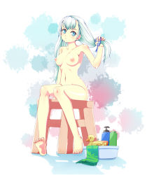 Rule 34 | 1girl, barefoot, blue eyes, breasts, feet, highres, long hair, nipples, nude, original, reason (ficafe), rubber duck, silver hair, sitting, solo, stool, toes, twintails