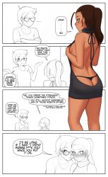 Rule 34 | 1boy, 1girl, :&lt;, ahoge, aran sweater, ass, back, backless outfit, blush, breasts, brown hair, cable knit, comic, dark skin, dress, english text, freckles, full-face blush, g-string, green eyes, long hair, meme attire, no bra, original, panties, partially colored, razalor, ri (razalor), sideboob, sleeveless, sleeveless turtleneck, sweater, sweater dress, thong, truth, turtleneck, turtleneck sweater, underwear, virgin killer sweater, whale tail (clothing)