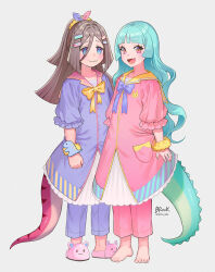 Rule 34 | 2girls, :d, animal print, apple brk, aqua hair, arms at sides, artist name, barefoot, blue eyes, blunt bangs, blunt ends, bow, bowtie, brown hair, buttons, clenched hand, collarbone, dinosaur tail, dress, fang, fangs, frilled sleeves, frills, from side, full body, grey background, hair between eyes, hair intakes, hair ornament, hairclip, long hair, looking at viewer, multiple girls, open mouth, original, pants, pink dress, pink eyes, pink pants, pocket, ponytail, purple dress, purple pants, rabbit print, sailor collar, scrunchie, signature, simple background, skin fang, skin fangs, skirt, slippers, slit pupils, smile, standing, tail, twitter username, wavy hair, wavy mouth, white skirt, wrist scrunchie, yellow bow, yellow bowtie