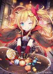 Rule 34 | 1girl, age regression, akkijin, alchemist (shinkai no valkyrie), bat wings, blonde hair, blue eyes, candy, food, gloves, hair ornament, hair ribbon, halloween, halloween costume, hat, night, night sky, one eye closed, pumpkin, red gloves, red ribbon, ribbon, shinkai no valkyrie, sky, solo, star (sky), starry sky, vampire costume, village, wings, witch, witch hat, aged down