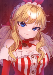 Rule 34 | 1girl, :3, bare shoulders, blonde hair, blue eyes, blush, breasts, detached sleeves, dress, highres, idolmaster, idolmaster cinderella girls, idolmaster cinderella girls starlight stage, long hair, looking at viewer, low twintails, maid headdress, mamenoha, neck ribbon, ohtsuki yui, red background, red ribbon, red sleeves, ribbon, smile, solo, striped clothes, striped dress, twintails