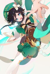 Rule 34 | 1boy, absurdres, androgynous, beret, black hair, blue hair, bow, braid, brooch, cape, collared cape, collared shirt, corset, diamond (shape), feathers, flower, frilled sleeves, frills, gem, genshin impact, glowing, gradient hair, green cape, green eyes, green hat, green shorts, hat, hat flower, highres, jewelry, leaf, long sleeves, looking at viewer, male focus, multicolored hair, open mouth, pantyhose, pinwheel, reaching, reaching towards viewer, shirt, short hair with long locks, shorts, side braids, sidelocks, simple background, smile, solo, twin braids, venti (genshin impact), vision (genshin impact), white background, white flower, white pantyhose, white shirt, yu no6767