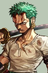 Rule 34 | 1boy, blood, blood on face, bruise, closed mouth, earrings, frown, furrowed brow, green hair, grey background, holding, holding sword, holding weapon, hungry clicker, injury, jewelry, katana, male focus, one piece, over shoulder, roronoa zoro, sanpaku, shirt, short sleeves, simple background, solo, standing, sword, torn clothes, torn shirt, upper body, v-shaped eyebrows, weapon, weapon over shoulder, white shirt