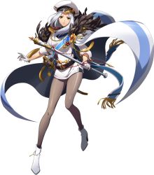 Rule 34 | 1girl, belt, black belt, boots, brown eyes, cape, dress, floating hair, full body, gloves, grey pantyhose, high heel boots, high heels, highres, holding, holding staff, langrisser, langrisser iv, long hair, long sleeves, looking at viewer, military, military uniform, official art, pantyhose, purple lips, selena (langrisser), sheath, sheathed, shiny clothes, shiny legwear, short dress, silver hair, solo, staff, standing, sword, transparent background, uniform, weapon, white cape, white dress, white footwear, white gloves, white headwear