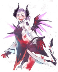 Rule 34 | 1girl, armor, blood, blood on clothes, blood on face, blood on hands, bodysuit, breasts, cowboy shot, crazy, dark persona, demon horns, demon tail, evil, facial mark, fangs, faulds, forehead mark, glowing, glowing wings, hei chuan gui, highres, horns, imp mercy, injury, looking at viewer, makeup, mechanical wings, medium hair, mercy (overwatch), official alternate costume, open mouth, outstretched hand, overwatch, overwatch 1, pelvic curtain, ponytail, purple eyes, purple hair, purple lips, purple wings, reaching, reaching towards viewer, simple background, sketch, small breasts, smile, solo, tail, torn bodysuit, torn clothes, white background, white bodysuit, wings