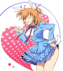 Rule 34 | 1girl, agahari, animal ears, blue eyes, brown hair, charlotte e. yeager, clothes lift, cosplay, hair ribbon, houjou hibiki, houjou hibiki (cosplay), koshimizu ami, one eye closed, panties, precure, rabbit ears, rabbit girl, ribbon, school uniform, skirt, skirt lift, solo, strike witches, suite precure, two side up, underwear, upskirt, voice actor connection, wink, world witches series
