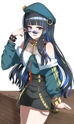 Rule 34 | 1girl, a.nori, absurdres, bare shoulders, beret, black hair, black shorts, blue hair, bracelet, breasts, buttons, colored inner hair, double-breasted, eyeliner, fate/grand order, fate (series), green hat, green jacket, grey eyes, hat, highres, jacket, jewelry, long hair, looking at viewer, makeup, multicolored hair, neck ring, o-ring, off shoulder, open mouth, round eyewear, shorts, sidelocks, small breasts, smile, solo, sunglasses, tenochtitlan (fate), tenochtitlan (second ascension) (fate), thighs, wavy hair, zipper