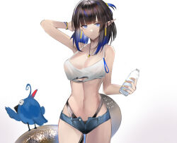 Rule 34 | 1girl, arknights, arm behind head, bare shoulders, blue eyes, blue hair, blue shorts, bottle, breasts, brown hair, cleavage, collarbone, crop top, eugle na, eunectes (arknights), eunectes (forgemaster) (arknights), highres, holding, holding bottle, jewelry, large breasts, lizard tail, looking at viewer, medium hair, midriff, multicolored hair, navel, necklace, official alternate costume, open fly, pointy ears, shirt, short shorts, shorts, simple background, solo, stomach, tail, thigh strap, thong, torn clothes, torn shirt, open fly, upper body, water bottle, white background, white shirt