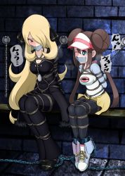 Rule 34 | 2girls, absurdres, arms behind back, bdsm, black footwear, black legwear, black pants, blonde hair, blue eyes, blush, bondage, bound, bow, breasts, brown hair, chain, cleavage, commentary request, creatures (company), cynthia (pokemon), double bun, dungeon, gag, gagged, game freak, hair bun, hair ornament, hair over one eye, highres, improvised gag, legs together, long hair, multiple girls, nintendo, nkgw, one eye closed, pants, pantyhose, pantyhose under shorts, pink bow, pokemon, pokemon bw2, pokemon dppt, raglan sleeves, rosa (pokemon), shibari, shoes, short shorts, shorts, sitting, sneakers, tape, tape gag, twintails, visor cap, yellow shorts