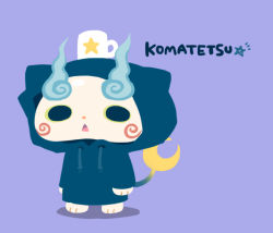 Rule 34 | 10s, character name, chuno, cosplay, crescent, crescent moon, cup, full body, hood, hoodie, komasan, moon, mug, no humans, open mouth, purple background, simple background, solo, standing, star (symbol), tail, tetsuya (youkai watch), tetsuya (youkai watch) (cosplay), traditional youkai, triangle mouth, youkai watch
