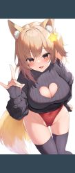 Rule 34 | 1girl, animal ear fluff, animal ears, annytf, arm up, black gloves, black sweater, black thighhighs, blush, breasts, brown eyes, brown hair, cleavage, cleavage cutout, clothing cutout, commission, covered navel, fingerless gloves, fox ears, fox girl, fox shadow puppet, fox tail, gloves, groin, hair ornament, hand on own hip, highleg, highleg leotard, highres, indie virtual youtuber, large breasts, leaning forward, leotard, leotard under clothes, letterboxed, looking at viewer, one side up, open mouth, red leotard, shadow puppet, skeb commission, smile, solo, star (symbol), star hair ornament, sweater, tail, thigh gap, thighhighs, thighs, tyabesu, virtual youtuber