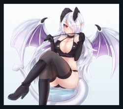 Rule 34 | &gt;:), 1girl, ass, belt boots, bikini, black border, black gloves, boots, border, breasts, cleavage, collar, demon girl, demon tail, demon wings, ehrrr, elbow gloves, gloves, hair over one eye, high heel boots, high heels, highres, horns, knee boots, large breasts, crossed legs, lilim (monster girl encyclopedia), long hair, looking at viewer, monster girl encyclopedia, pointy ears, red eyes, riding crop, sitting, smile, solo, succubus (monster girl encyclopedia), swimsuit, tail, thighhighs, v-shaped eyebrows, very long hair, white background, white hair, wings