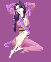 Rule 34 | 1girl, arms behind back, arms behind head, arms up, barefoot, earrings, feet, female focus, full body, japanese clothes, jewelry, kimono, long hair, mole, necklace, nouhime, purple eyes, purple hair, ryo (pixiv966497), sengoku musou, sengoku musou 3, simple background, sitting, solo