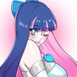 Rule 34 | 1girl, bare shoulders, breasts, detached sleeves, elbow gloves, gloves, highres, large breasts, long hair, moehorror, multicolored hair, panty &amp; stocking with garterbelt, pink hair, purple hair, simple background, smile, stocking (psg), teal eyes, two-tone hair, white background