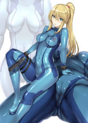 Rule 34 | 1girl, ass, blonde hair, blue bodysuit, blue eyes, blue theme, blush, bodysuit, breasts, breasts apart, cameltoe, cleft of venus, collarbone, commentary request, covered erect nipples, covered navel, gun, hakaba (dairiseki), highres, holding, holding gun, holding weapon, latex, latex suit, long hair, looking at viewer, medium breasts, metroid, multiple views, nintendo, open mouth, ponytail, pussy juice, samus aran, shiny clothes, simple background, skin tight, weapon, white background, zero suit, zoom layer