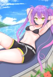 Rule 34 | 1girl, armpits, arms behind head, beach, belt, black bra, black shorts, blush, bra, breasts, chocomaru, closed mouth, cloud, day, demon girl, green eyes, hair ornament, hairclip, highres, hololive, long hair, looking at viewer, lying, medium breasts, multicolored hair, navel piercing, on back, outdoors, piercing, pink hair, purple hair, sand, short shorts, shorts, sky, smile, solo, streaked hair, tokoyami towa, twintails, underwear, virtual youtuber, water