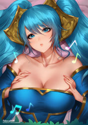 Rule 34 | 1girl, bare shoulders, bed sheet, blue eyes, blue hair, blush, breasts, cleavage, closed mouth, collarbone, hair between eyes, heheneko, league of legends, musical note, signature, solo, sona (league of legends), twintails