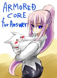 Rule 34 | 1girl, animal, armored core, armored core: for answer, ass, blue eyes, blush, breasts, cat, female focus, from software, kasumi sumika, pink hair, solo, standing, strayed