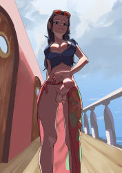 Rule 34 | 1futa, absurdres, black hair, breasts, clothes, clothes grab, erection, fu7444, futanari, highres, huge penis, looking at viewer, medium breasts, nico robin, one piece, penis, smile, solo, sunglasses, sunglasses on head, testicles
