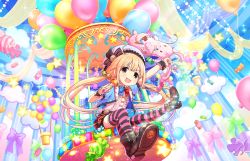 Rule 34 | 10s, 1girl, artist request, balloon, blonde hair, boots, bow, bowtie, candy, chewing, cuffs, food, futaba anzu, hat, holding, holding microphone, holding stuffed toy, idolmaster, idolmaster cinderella girls, idolmaster cinderella girls starlight stage, long hair, looking at viewer, microphone, official art, open mouth, short sleeves, solo, striped clothes, striped thighhighs, stuffed animal, stuffed toy, thighhighs, twintails, very long hair