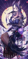 Rule 34 | 1girl, blue hair, breasts, buckle, cleavage, elbow gloves, feather hair ornament, feathers, gloves, hair ornament, highres, holding, holding feather, japanese clothes, kaguya (sinoalice), kimono, kina (446964), large breasts, long hair, looking at viewer, nail polish, parted bangs, petals, purple eyes, purple nails, see-through, see-through skirt, sidelocks, sinoalice, sitting, skirt, skull, smile, solo, wings