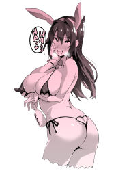 Rule 34 | 1girl, absurdres, ahegao, animal ears, ass, bare arms, bare shoulders, bikini, blush, bottle, bow, bowtie, breast hold, breasts, breath, rabbit ears, butt crack, cropped legs, drooling, covered erect nipples, fake animal ears, from behind, hair between eyes, heart, heart cutout, highres, holding, holding bottle, large breasts, legs, long hair, maken-ki!, micro bikini, monochrome, nijou aki, nippleless clothes, open mouth, revealing clothes, saliva, simple background, solo, speech bubble, spoken heart, standing, string bikini, swimsuit, takeda hiromitsu, thighs, white background, wrist cuffs