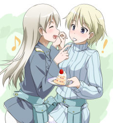 Rule 34 | !, 10s, 2girls, blonde hair, blue eyes, blush, brave witches, cake, eila ilmatar juutilainen, closed eyes, food, holding hands, long hair, multiple girls, nikka edvardine katajainen, note, open mouth, pantyhose, plate, silver hair, smile, strike witches, turtleneck, utensil in mouth, white legwear, world witches series, youkan