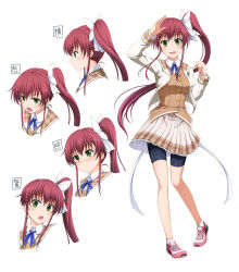 Rule 34 | 1girl, bad id, bad pixiv id, bike shorts, character sheet, commentary request, expressions, full body, green eyes, hair ornament, hair ribbon, highres, ishida seito, long hair, looking at viewer, multiple views, necktie, open mouth, original, pleated skirt, red hair, ribbon, school uniform, shoes, side ponytail, simple background, skirt, smile, sneakers, standing, vest, white background