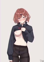 Rule 34 | 1girl, absurdres, black pantyhose, blush, breasts, brown background, brown hair, clothes lift, hair ornament, hairclip, high-waist pantyhose, highres, higuchi madoka, hood, hoodie, idolmaster, idolmaster shiny colors, large breasts, long sleeves, looking at viewer, nipples, no bra, one breast out, panties, pantyhose, parted bangs, purple eyes, see-through, shirt lift, short hair, signature, simple background, solo, tamago (eva1314056), underwear