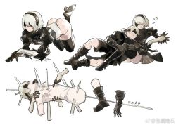 Rule 34 | ass, black blindfold, black choker, black gloves, black hair, blindfold, boots, choker, closed mouth, gloves, guro, hair between eyes, heart, high heels, injury, leotard, loladestiny, lying, nier (series), nier:automata, nude, on side, open mouth, puffy sleeves, short hair, shorts, simple background, smile, white bag, white hair, white leotard, 2b (nier:automata), 9s (nier:automata)