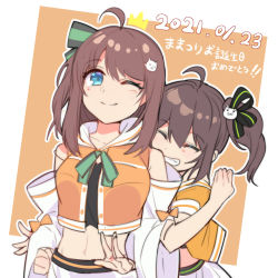 Rule 34 | 2girls, ahoge, blue eyes, bow, brown hair, closed eyes, commentary request, dark talker, dated, from behind, hair bow, hololive, ma matsuri, midriff, mother and daughter, multiple girls, natsuiro matsuri, natsuiro matsuri (1st costume), navel, one eye closed, teeth, virtual youtuber