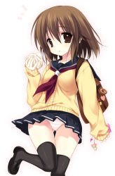 Rule 34 | 1girl, bad id, bad pixiv id, bag, bag charm, brown eyes, brown hair, cardigan, cellphone, cellphone charm, charm (object), eating, emily (pure dream), food, loafers, original, panties, phone, school bag, school uniform, shoes, short hair, striped clothes, striped panties, thigh gap, thighhighs, underwear, wind, wind lift