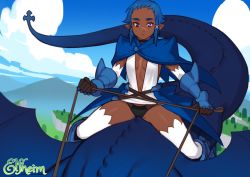 Rule 34 | 1girl, :|, absurdres, armored boots, black choker, black panties, blue cape, blue hair, blue sky, boots, breasts, cape, center opening, choker, closed mouth, cloud, commentary, dark-skinned female, dark elf, dark skin, day, dragon, elbow gloves, elf, expressionless, flying, forehead, gauntlets, gloves, heterochromia, highres, leash, looking at viewer, navel, navy sapphyr, no bra, original, outdoors, panties, pointy ears, purple eyes, red eyes, riding, scar, scar on chest, scar on face, short hair, sky, small breasts, solo, sunna (nilsunna), thick eyebrows, thighhighs, underwear, white thighhighs