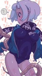 Rule 34 | 1girl, ?, blush, breasts, hood, hoodie, hoshi kubi, jacket, large breasts, lowres, oekaki, one-piece swimsuit, scarf, school swimsuit, short hair, solo, space invaders, swimsuit, swimsuit under clothes, tentacles, white hair