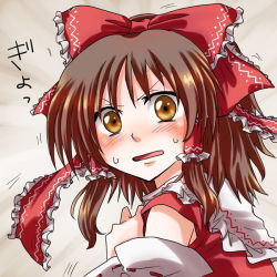 Rule 34 | 1girl, blush, bow, brown hair, detached sleeves, hair bow, hair tubes, hakurei reimu, looking at viewer, open mouth, solo, touhou, translation request, unya, upper body, yellow eyes