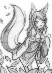 Rule 34 | 1girl, animal ears, fox ears, fox tail, greyscale, highres, kaya no hime, leaf, looking at viewer, minaha (playjoe2005), monochrome, shikihime zoushi, simple background, sketch, smile, solo, tail, white background