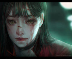 Rule 34 | 1girl, blood, blood on face, brown eyes, brown hair, commentary, cuts, highres, injury, letterboxed, lips, long hair, looking at viewer, nose, original, portrait, shal.e, simple background, solo, unfinished
