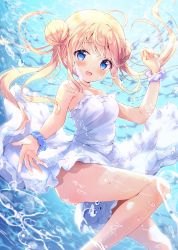 Rule 34 | 1girl, :d, air bubble, amedamacon, bare shoulders, blonde hair, blue eyes, blue scrunchie, blush, breasts, bubble, cleavage, commentary request, day, double bun, dress, feet out of frame, frilled dress, frills, hair bun, highres, long hair, looking at viewer, medium breasts, open mouth, original, outdoors, scrunchie, sleeveless, sleeveless dress, smile, solo, twintails, underwater, very long hair, water, white dress, white scrunchie, wrist scrunchie