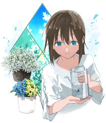 Rule 34 | 1girl, blue eyes, closed mouth, commentary request, cropped torso, cross-laced clothes, cross-laced sleeves, flower request, haruruhaharur, highres, holding, long hair, looking down, love live!, love live! nijigasaki high school idol club, object request, osaka shizuku, plant, potted plant, shirt, sidelocks, solo, upper body, white shirt