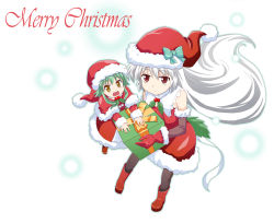 Rule 34 | 2girls, arioch (haniwa (leaf garden)), bare shoulders, black pantyhose, boots, bow, capelet, gift, gloves, green hair, haniwa, haniwa (leaf garden), hat, leaf, long hair, maybell (haniwa (leaf garden)), merry christmas, multiple girls, original, pantyhose, red eyes, santa costume, santa gloves, santa hat, very long hair, white hair, yellow eyes