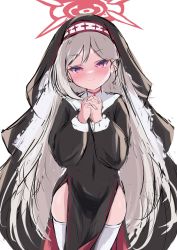 Rule 34 | 1girl, black dress, blue archive, blush, dress, halo, highres, long hair, mutsuki (blue archive), nun, own hands together, purple eyes, silver hair, simple background, smile, standing, thighhighs, veil, white background, white thighhighs, xeneca