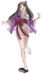 Rule 34 | 1girl, :d, absurdres, ace attorney, black eyes, black hair, flip-flops, full body, highres, jacket, japanese clothes, jewelry, kimono, long sleeves, looking at viewer, maya fey, necklace, obi, open mouth, purple jacket, running, sandals, sash, simple background, smile, solo, toes, tokoni fusu, white background, white kimono